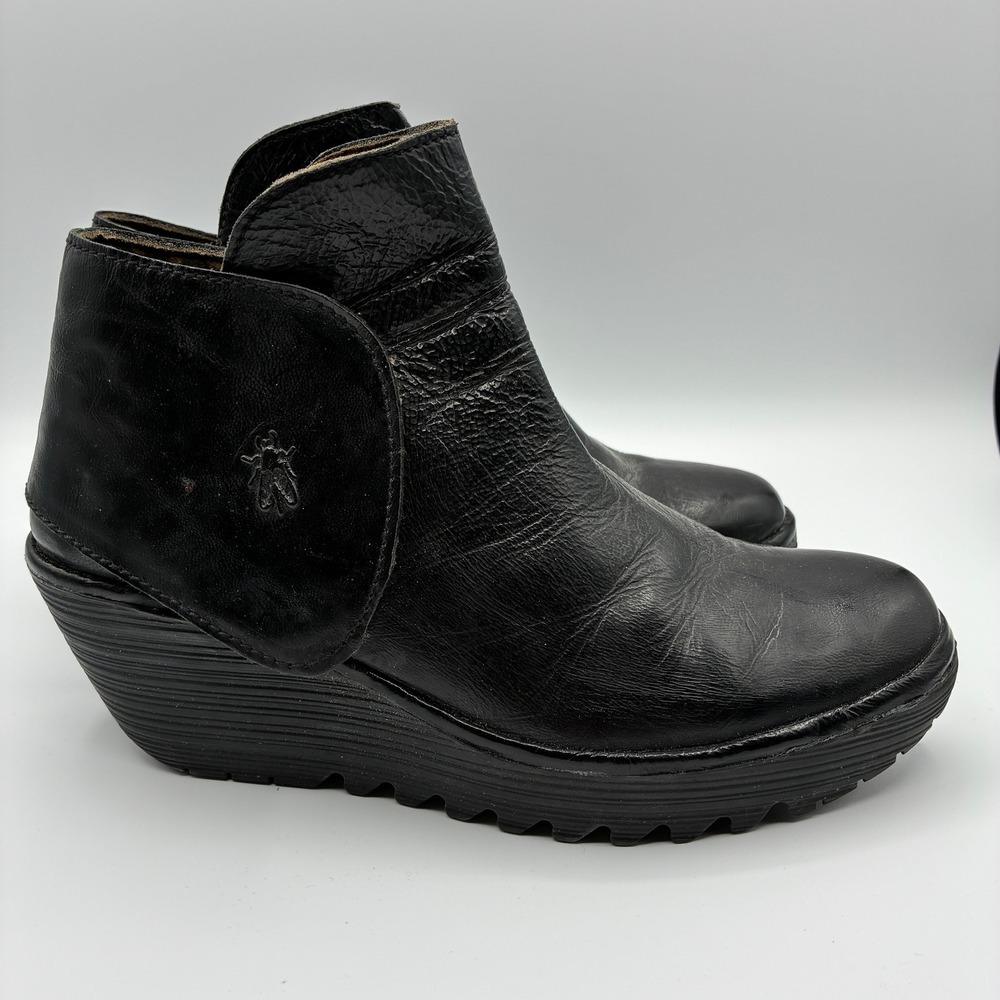 Fly London Yogi Wedge Ankle Booties Womens 40 9 Black Leather Platform - Picture 6 of 16